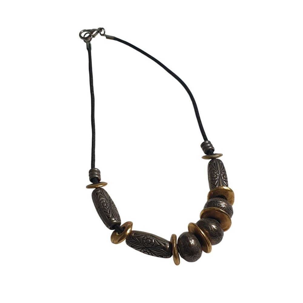 Handcrafted Leather Cord Necklace Rustic Brass Silver Tone Beads Lobster Clasp T
